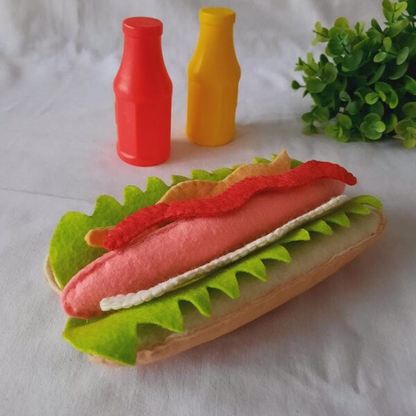 Vilten speelgoed hotdog, handgemaakt leuk viltspeelgoed, imitatiespel, milieuvriendelijk viltvoedselspeelgoed voor kinderen, educatief keukenspeelgoed, kookspeelgoed