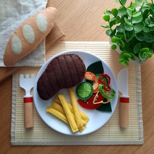 Menù di bistecche in feltro, giocattoli divertenti fatti a mano in feltro, gioco di imitazione, giocattolo alimentare in feltro ecologico per bambini, Montessori, giocattoli educativi da cucina, giocattoli da cucina