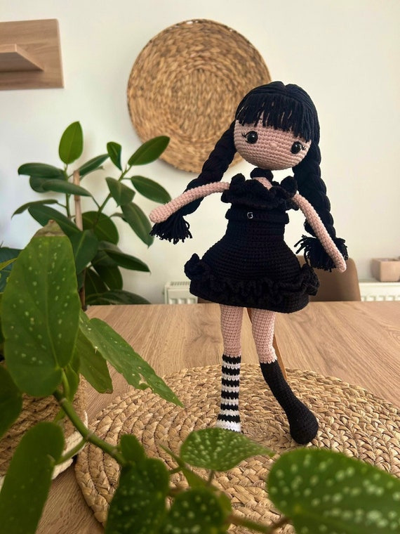 Crochet Wednesday Addams Doll, Handmade Cotton, Gothic Horror Gift