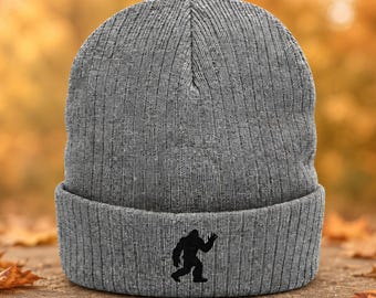 Bigfoot Beanie, Embroidered Sasquatch Winter Hat, Cryptid Gift, Recycled Knit Cap