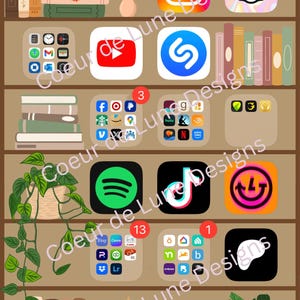 May include: A digital phone screen with a bookshelf background. The screen is filled with app icons, including Instagram, Spotify, TikTok, and more. The bookshelf is filled with books and plants.
