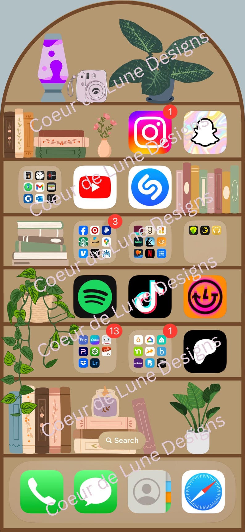 May include: A digital phone screen with a bookshelf background. The screen is filled with app icons, including Instagram, Spotify, TikTok, and more. The bookshelf is filled with books and plants.