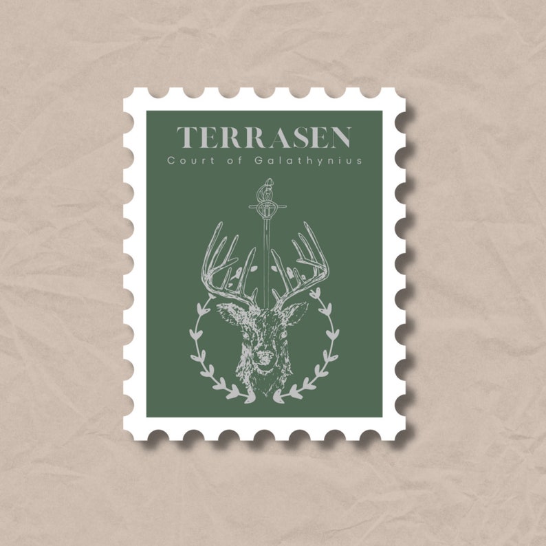 May include: A green postage stamp with a white border and a white deer head with antlers and a sword through its head. The text "TERRASEN Court of Galathynius" is printed on the stamp.