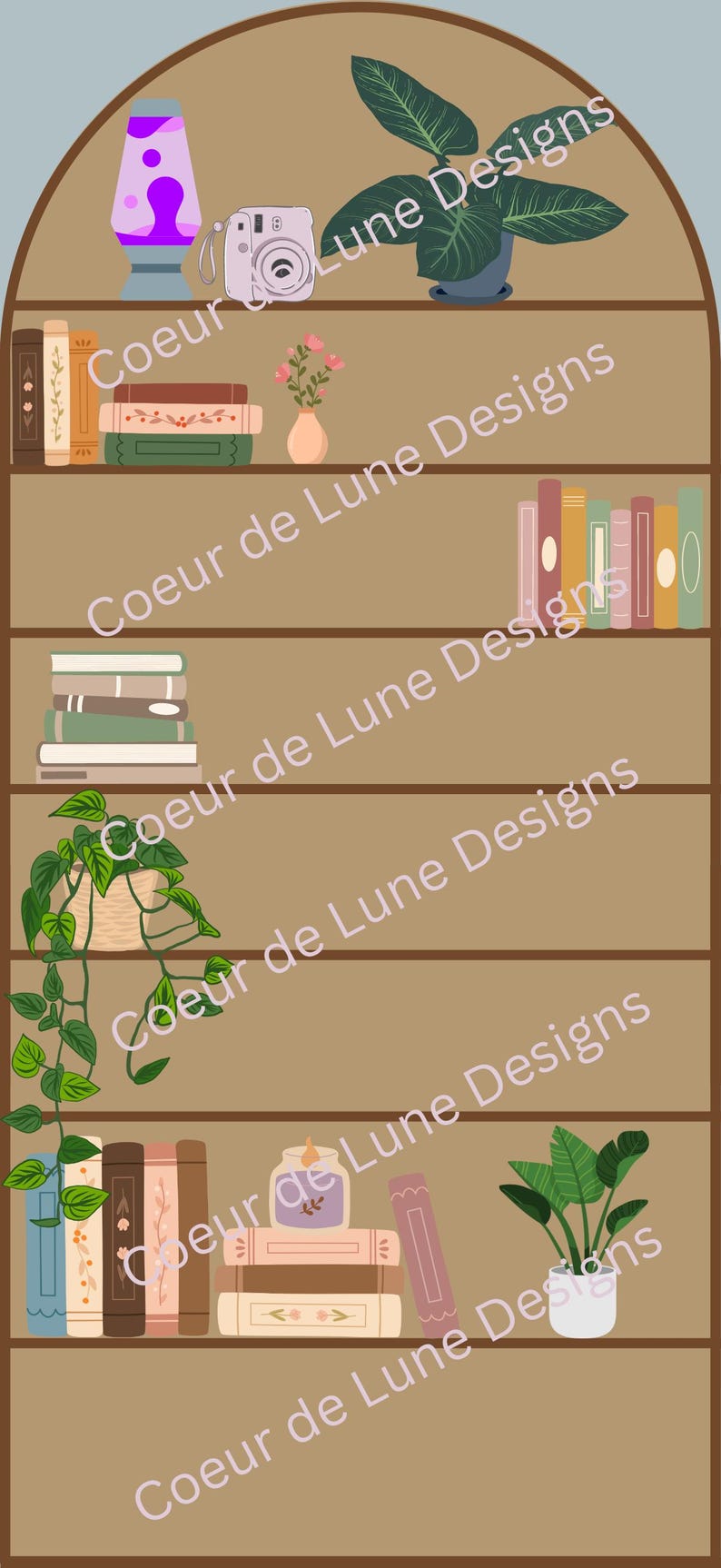 May include: A wooden bookshelf with five shelves, each filled with books, plants, and decorative items. The top shelf has a purple lava lamp, a camera, and a potted plant. The second shelf has a stack of books and a small potted plant. The third shelf has a stack of books. The fourth shelf has a hanging plant and a stack of books. The bottom shelf has a stack of books, a candle, and a potted plant.