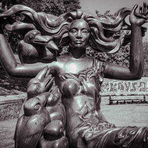 Enchanting Mermaid Statue in Black and White - Art Print or Canvas