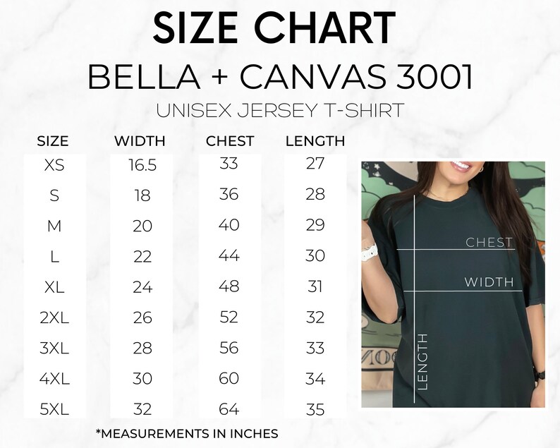 May include: Size chart for a unisex jersey t-shirt, showing measurements in inches for width, chest, and length. Sizes range from XS to 5XL.