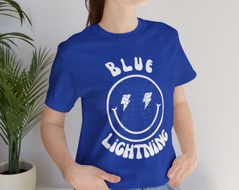 Camisa con relámpago azul, camisa con cara sonriente de béisbol personalizada - Kaitlyn Stell