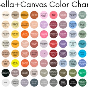 May include: Color chart with 60 different color swatches, each with a name and description. The colors are arranged in rows and columns, and the chart is labeled "Bella+Canvas Color Chart".