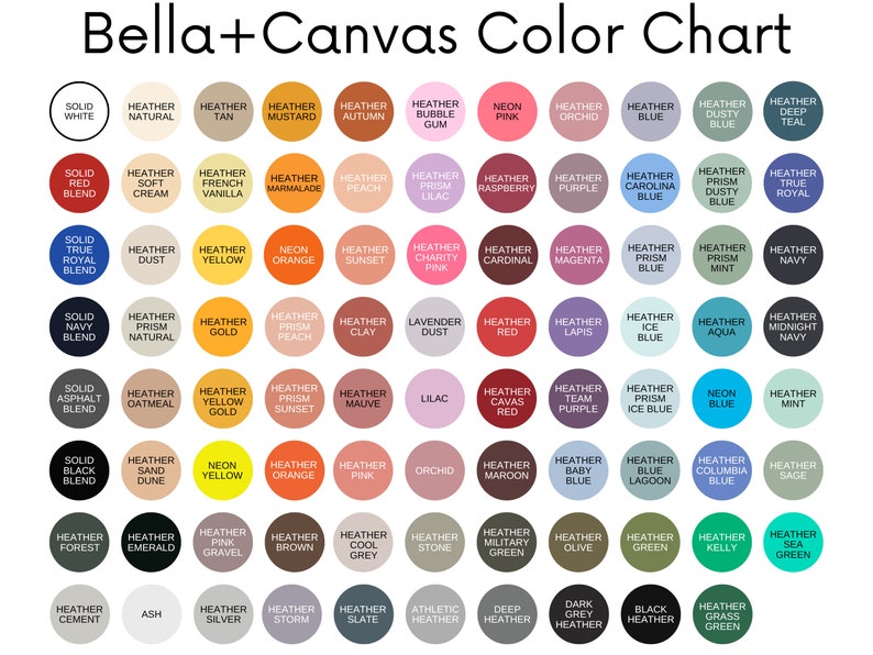 May include: Color chart with 60 different color swatches, each with a name and description. The colors are arranged in rows and columns, and the chart is labeled "Bella+Canvas Color Chart".