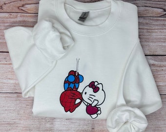 Spider Kitten Kiss Embroidered Sweatshirt Cat Bow Cartoon Trendy Crewneck Adult Unisex Heavy Blend 50/50 Fleece Soft Cozy