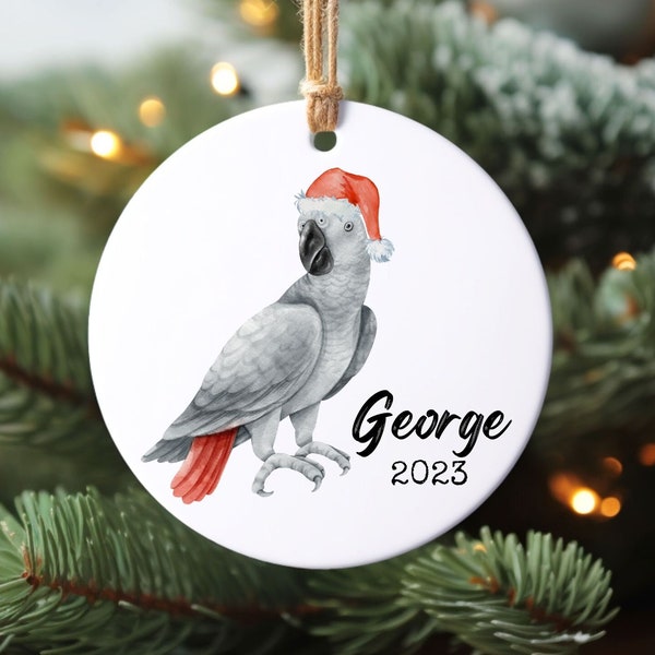 Personalized African Grey Parrot Ornament with Name and Year Christmas Gift for New Bird Parents 2024 Bird Lover Holiday Bauble