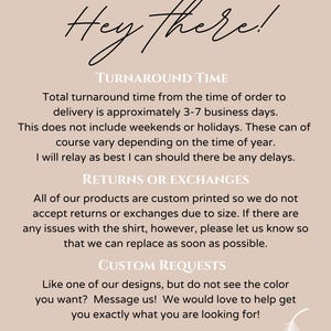 May include: A beige background with handwritten text that says "Hey there!" and information about turnaround time, returns, exchanges, and custom requests. A decorative feather is in the bottom right corner.