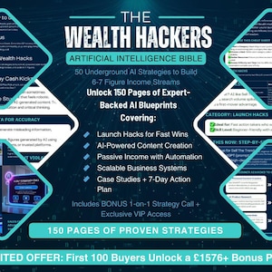Op de afbeelding: Een blauwe en witte digitale marketinggids met de titel "The Wealth Hackers: Artificial Intelligence Bible". De gids bevat 50 ondergrondse AI-strategieën om 6-7-cijferige inkomstenstromen te creëren, 150 pagina's met door experts ondersteunde AI-blauwdrukken te ontgrendelen en bevat een bonus 1-op-1-strategiegesprek en exclusieve VIP-toegang. De gids is voor een beperkte tijd beschikbaar voor de eerste 100 kopers.