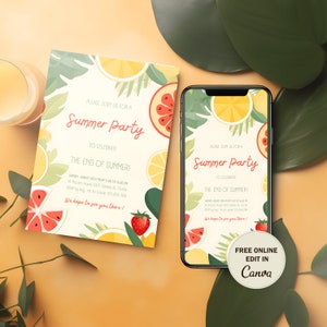 Plantilla de invitación para fiesta de fin de verano, descarga digital, invitación imprimible y móvil, invitación electrónica editable, edición en línea de Canva, frutas