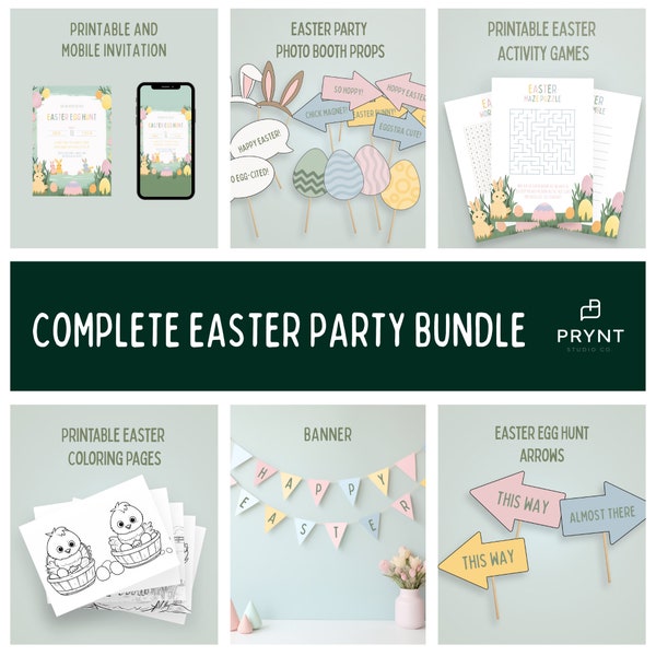 Printable Easter Party Bundle Digital Download, Physical and Mobile Invitation, Banner, Photo and Game Props Editable Canva Template, Pastel