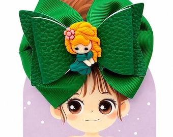 Green Princess Hair Bow | Handmade Boutique Clip, Faux Leather Layers, Clay Centerpiece