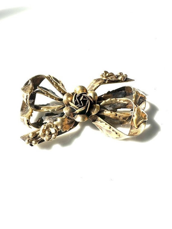 Vintage Silver Hobe Ribbon And Flower Brooch