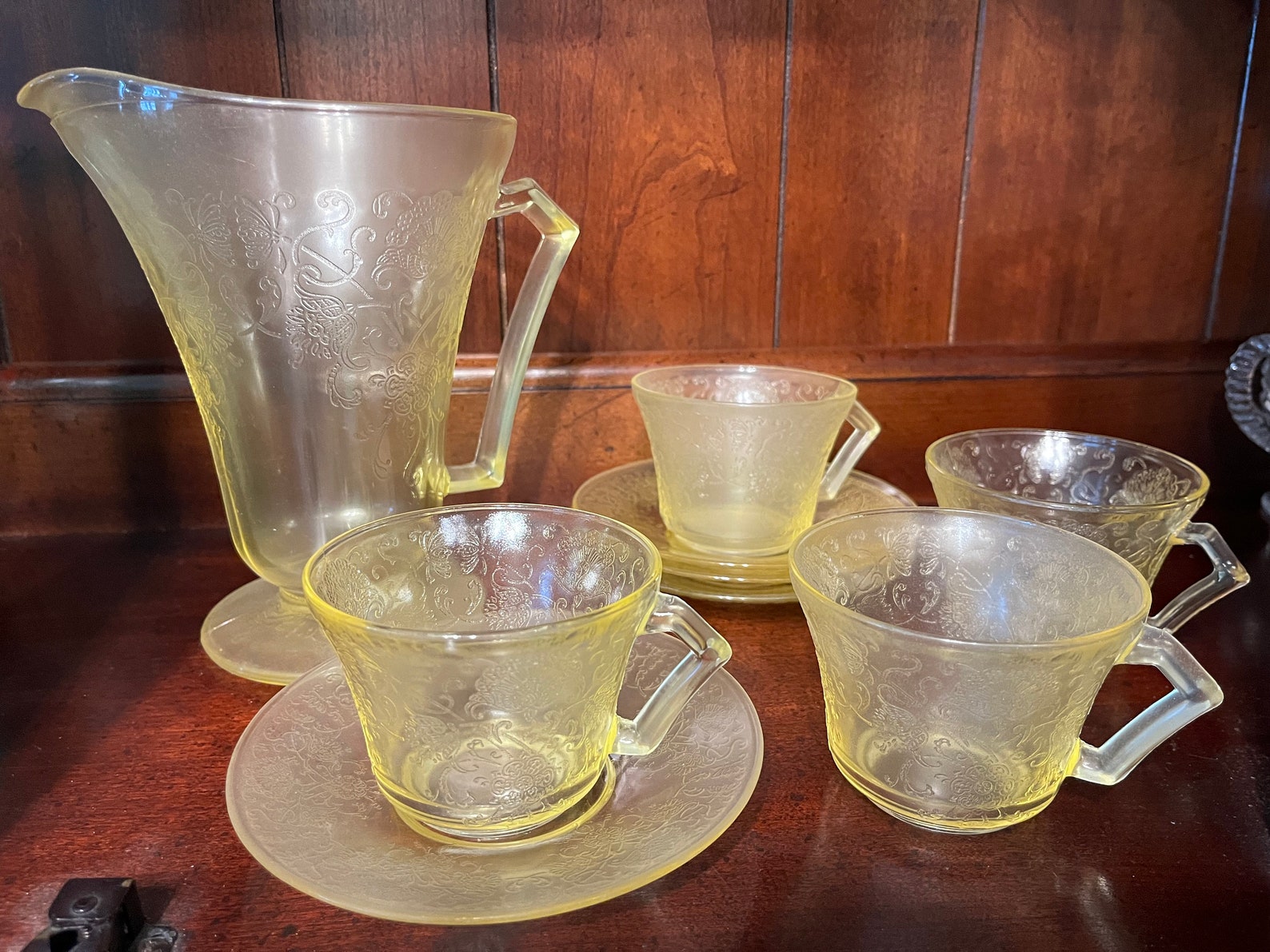 Vintage Yellow Depression Glass Pitcher and Cups - Etsy
