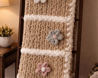 SPRING FLOWERS -Handmade chunky knit throw blanket
