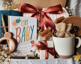 New Mom Christian Gift Box: Postpartum Self Care Package with Devotional, and comfort items.
