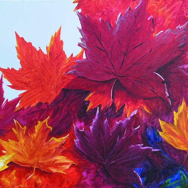 Oil painting on canvas, Red and Orange Fall Leaves