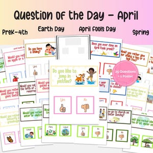 Puede incluir: Un conjunto de tarjetas educativas imprimibles con el título "Pregunta del día - Abril" para preescolar a 4º grado. Los temas incluyen el Día de la Tierra, el Día de los Inocentes y la primavera. Cada tarjeta presenta una pregunta con opciones de respuesta "Sí" y "No".