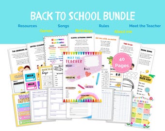 May include: A bundle of back-to-school resources, including worksheets, games, and song sheets. The bundle features colorful designs and the text "Back to School Bundle," with sections for resources, games, songs, birthdays, rules, and about me.