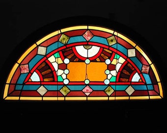 Arched Multi-Jeweled American Arts and Crafts Stained Glass Transom