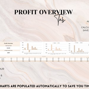 May include: A screenshot of a spreadsheet showing a profit overview with charts and graphs. The spreadsheet shows total yearly profit, average monthly profit, and a breakdown of income and expenses by month. The text "Profit Overview" and "Charts are populated automatically to save you time" are visible on the image.