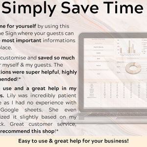 May include: A screenshot of a computer screen showing a spreadsheet with graphs and charts. The text "Simply Save Time" is at the top of the image. The text "Easy to use & great help for your business!" is at the bottom of the image.