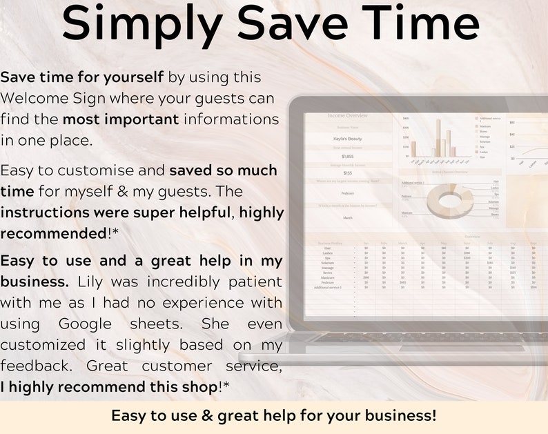 May include: A screenshot of a computer screen showing a spreadsheet with graphs and charts. The text "Simply Save Time" is at the top of the image. The text "Easy to use & great help for your business!" is at the bottom of the image.