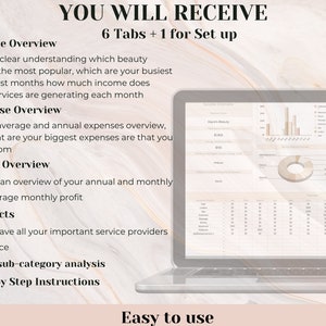 May include: A laptop computer screen displaying a spreadsheet with a chart and graphs. The text on the screen reads "You Will Receive 6 Tabs + 1 for Set Up". The text below the screen reads "Easy to use".