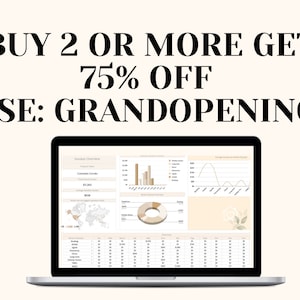 May include: A laptop computer screen displaying a spreadsheet with charts and graphs. The text "BUY 2 OR MORE GET 75% OFF USE: GRANDOPENING" is displayed above the laptop.