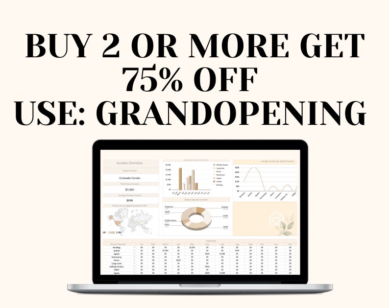 May include: A laptop computer screen displaying a spreadsheet with charts and graphs. The text "BUY 2 OR MORE GET 75% OFF USE: GRANDOPENING" is displayed above the laptop.
