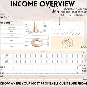 May include: A beige and brown spreadsheet with the title "Income Overview" and the text "Know Your Annual Income, Average Monthly Income". The spreadsheet includes a chart showing monthly income, a pie chart showing additional services, and a line graph showing average income per beauty business channel. The spreadsheet also includes a table with the title "Business Profile" and columns for "Jan", "Feb", "Mar", "Apr", "May", "Jun", "Jul", "Aug", "Sep", "Oct", "Nov", "Dec", and "Total".