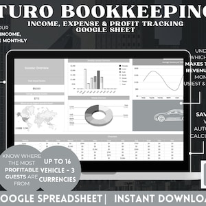 Turo Bookeeping Income Expense Profit Tracker Google Sheets Car Rental Spreadsheet Turo Analytics Turo Business Car Rental spreadsheet