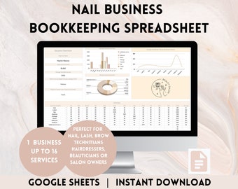 Puede incluir: Una pantalla de ordenador que muestra una hoja de cálculo de Google Sheets para un negocio de uñas. La hoja de cálculo incluye una descripción general de los ingresos, estadísticas de servicio y un gráfico que muestra el gasto promedio por servicio. El texto en la pantalla dice "Nail Business Bookkeeping Spreadsheet". El texto debajo de la pantalla dice "1 Business Up to 16 Services Perfect for Nail, Lash, Brow Technicians, Hairdressers, Beauticians or Salon Owners Google Sheets | Instant Download".