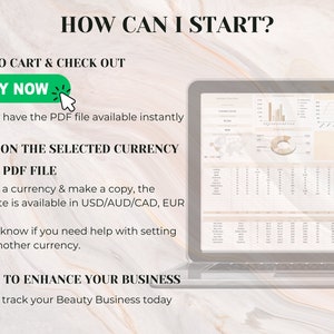 May include: A laptop computer screen displaying a spreadsheet with charts and graphs. The text on the screen reads "HOW CAN I START?" and "ADD TO CART & CHECK OUT". There is a green button that says "BUY NOW". The text below the button reads "you will have the PDF file available instantly".