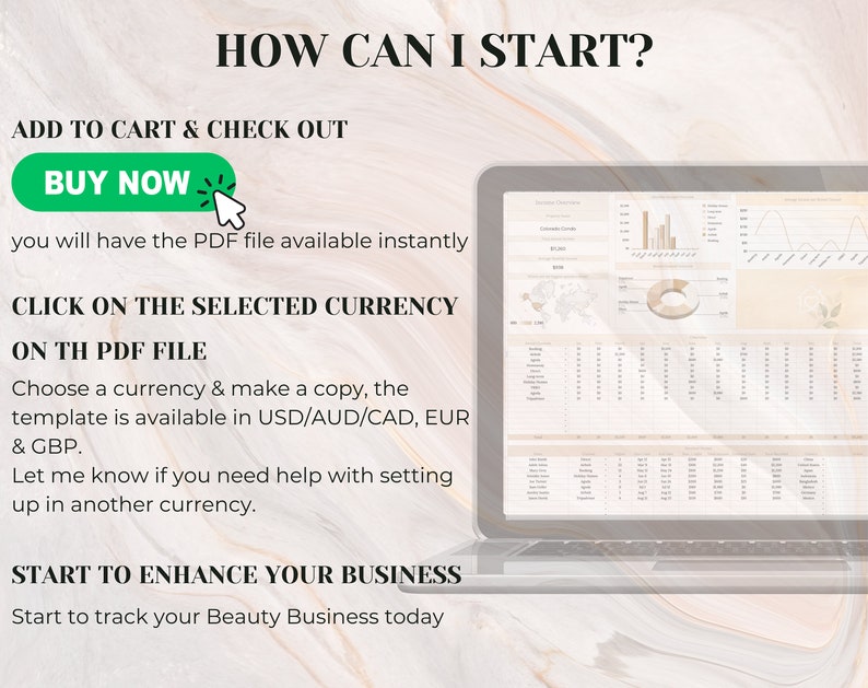 May include: A laptop computer screen displaying a spreadsheet with charts and graphs. The text on the screen reads "HOW CAN I START?" and "ADD TO CART & CHECK OUT". There is a green button that says "BUY NOW". The text below the button reads "you will have the PDF file available instantly".