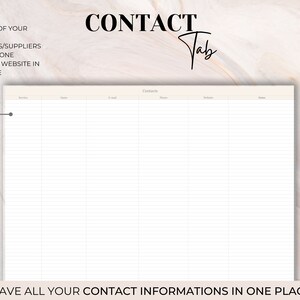 May include: A printable contact list template with the title "Contact Tab" and the text "Have all of your contact informations in one place". The template has columns for service, name, email, phone, notes, and reminders.