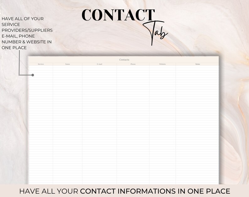 May include: A printable contact list template with the title "Contact Tab" and the text "Have all of your contact informations in one place". The template has columns for service, name, email, phone, notes, and reminders.