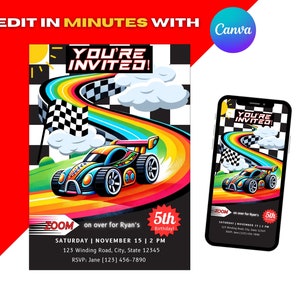 Cars Birthday Party Invitation Template for Boys, Editable, Race Car, Printable, Digital, Customizable, Boys Birthday Party Invitation Cars