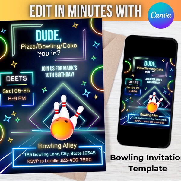 Bowling Birthday Party Invitation Template, for Boys, Guys, Printable and Digital Set, Birthday Invitation Bowling