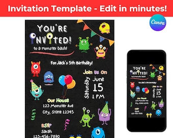 Editable Monster Birthday Party Invitation Template, Printable, Digital, Monster Invite, Birthday Invite Monsters, Birthday Invitation