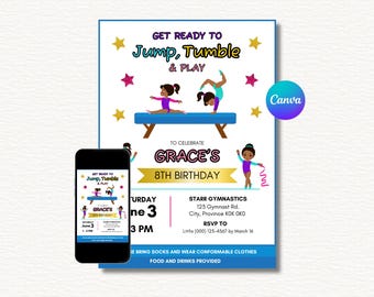 Gymnastics Birthday Invitation for Girls: Editable Canva Template (Digital Download)