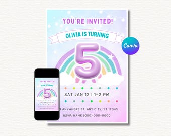 5th birthday party invitation, editable template, fifth birthday, digital invite, printable, for 5 year old girl, instant download, rainbow