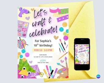May include: A birthday invitation with the text "Let's craft & celebrate!" for Sophia's 10th birthday. The invitation features craft supplies like buttons, tape, pencils, and a glue gun. A smartphone displays the invitation, and a yellow envelope is included.