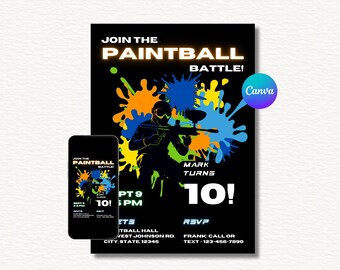 Paintball Birthday Invitation Template, Editable Bday Invite (Digital)