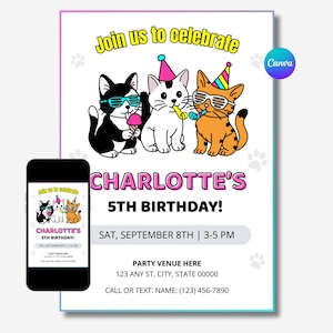 May include: A birthday party invitation featuring three cartoon cats wearing party hats and sunglasses. The invitation includes the text "Join us to celebrate" and "Charlotte's 5th Birthday!" with party details.