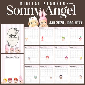 Puede incluir: Una agenda digital titulada Sonny Angel Jan 2026 - Dec 2027 que presenta páginas de calendario mensual con diseños de cuadrícula, secciones de notas con líneas e ilustraciones de pequeñas muñecas con diversos tocados de animales y frutas.